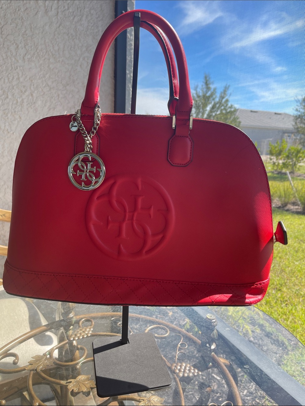 Guess Red Women's Satchel Bag with Gold Charm